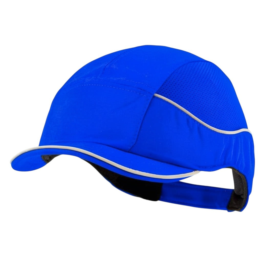 Gorra de seguridad GERF SAFETY azul con visera de 3 cm, hiperventilada, con bandas reflectantes y carcasa protectora ABS.