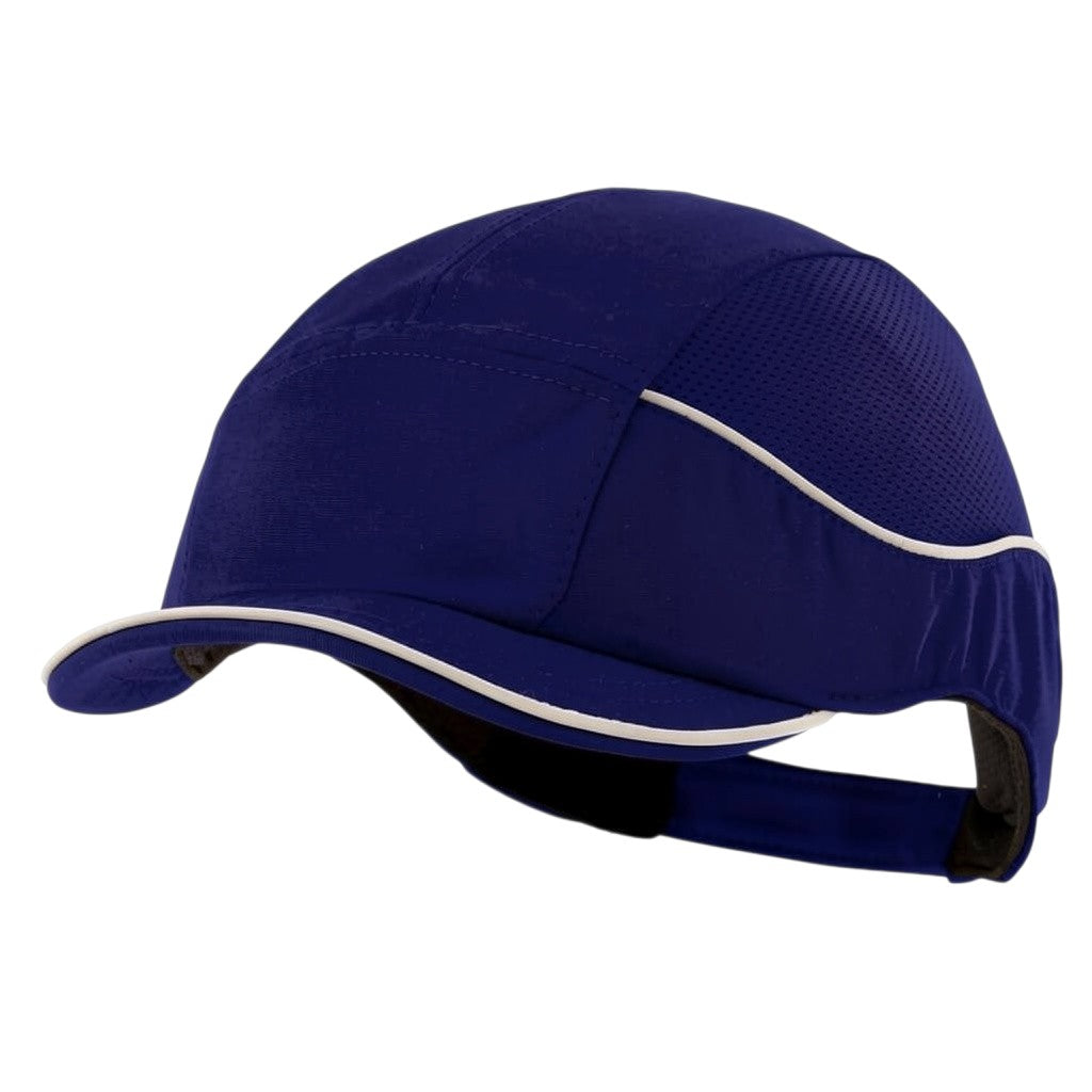 Gorra de seguridad GERF SAFETY Bump Cap Air+ azul con visera corta, bandas reflectantes y alta ventilación.