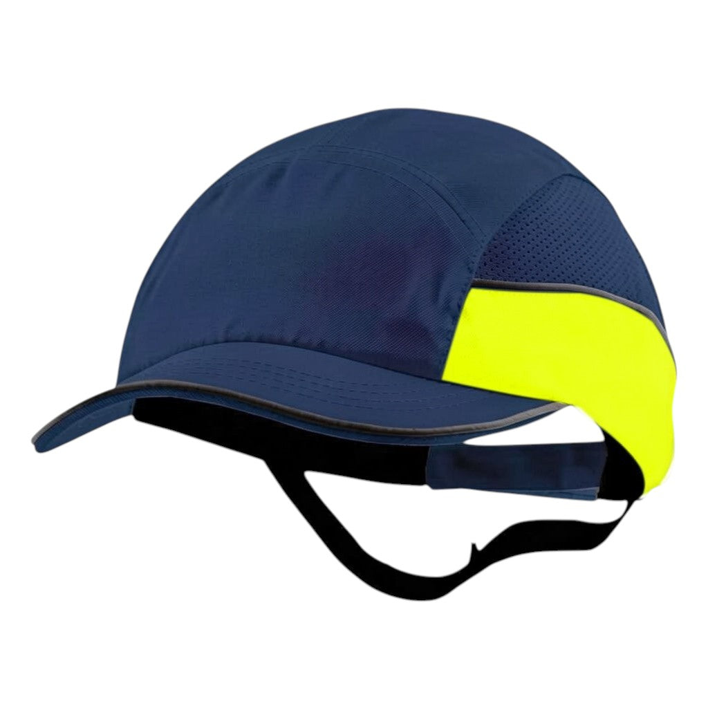 Gorra de seguridad GERF SAFETY azul con detalles en amarillo fluorescente, visera corta y bandas reflectantes laterales.