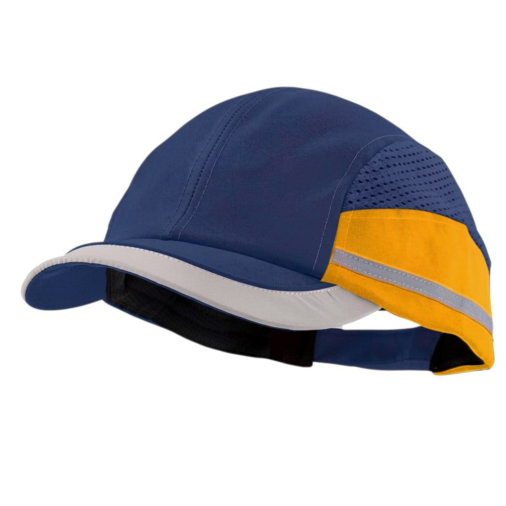 Gorra de seguridad GERF SAFETY azul con detalles amarillos, visera y bandas reflectantes para alta visibilidad industrial.