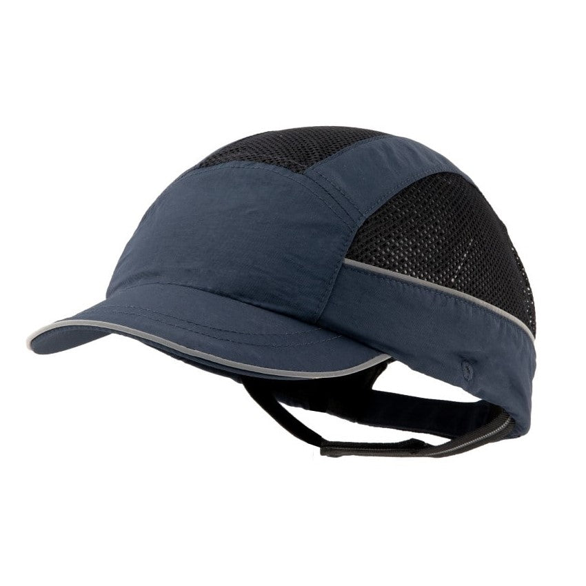 Gorra de seguridad GERF SAFETY azul marino con visera de 5 cm, bandas reflectantes y paneles de malla transpirable.