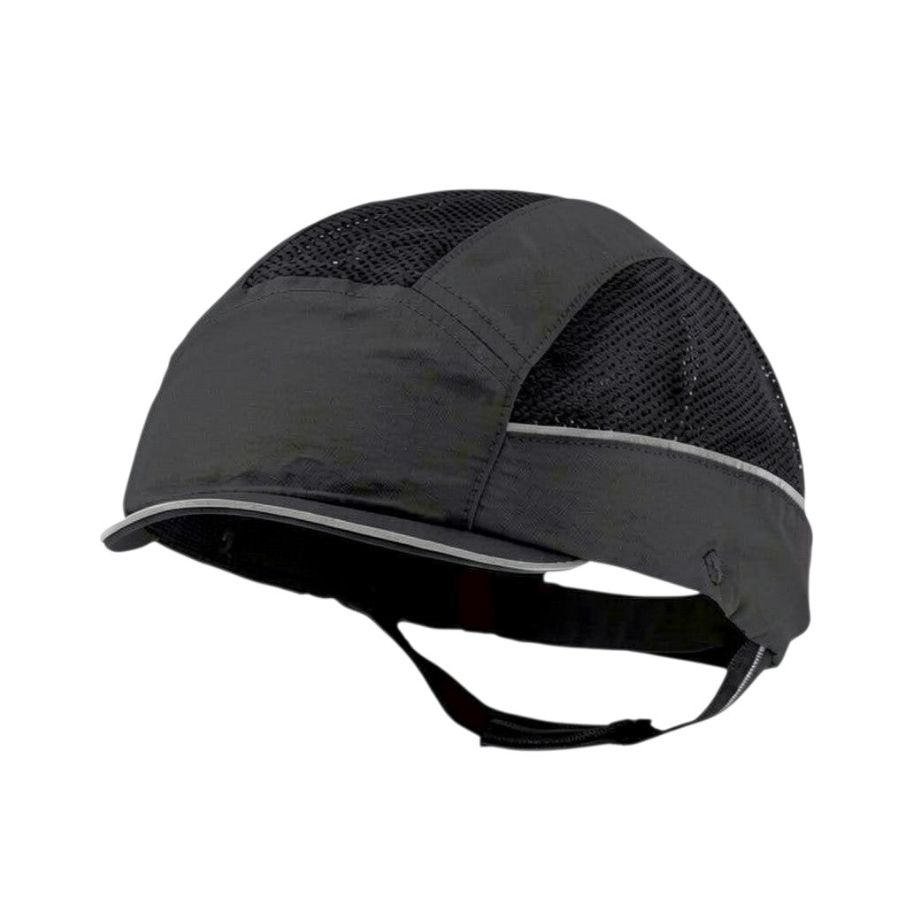 Gorra de seguridad GERF SAFETY azul marino con visera corta, bandas reflectantes y malla hiperventilada para industria.