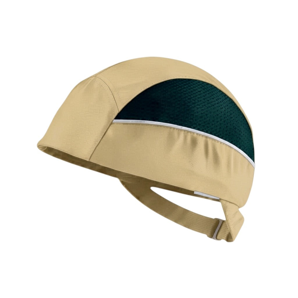 Gorra de seguridad GERF SAFETY beige sin visera con carcasa extraíble, bandas reflectantes y paneles de ventilación.