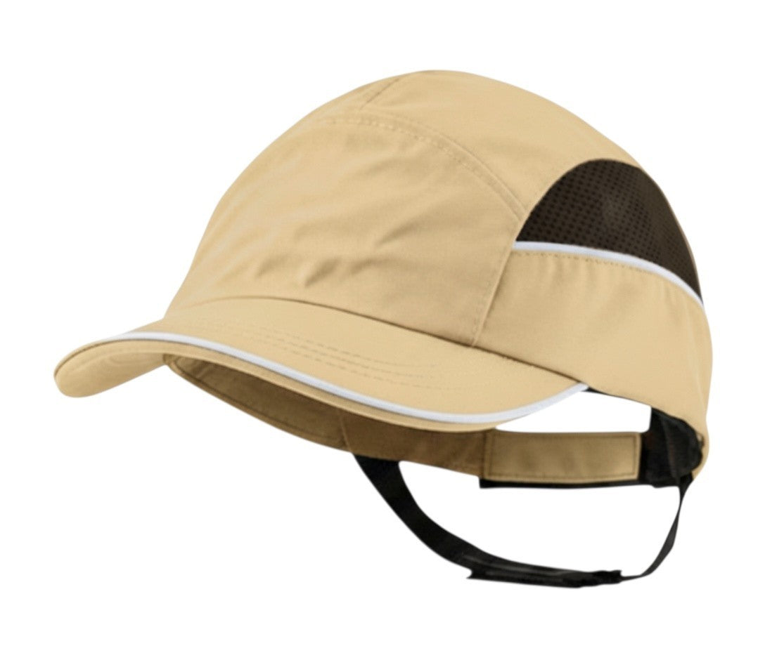 Gorra de seguridad GERF SAFETY tipo bump cap en color beige con carcasa extraíble, bandas reflectantes y malla lateral