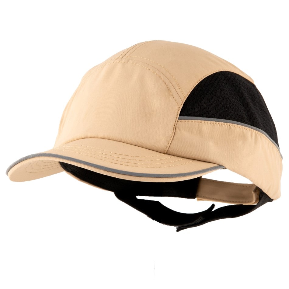 Gorra de seguridad GERF SAFETY beige con carcasa ABS, visera de 5 cm y bandas reflectantes para protección industrial.