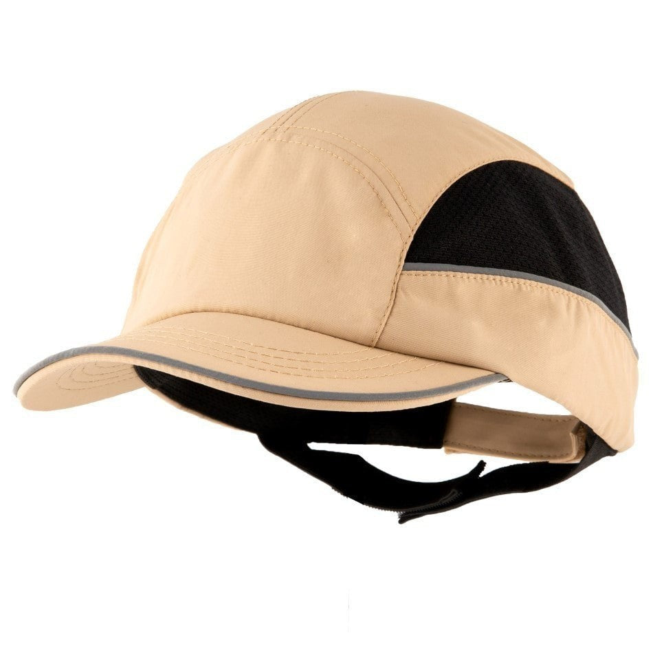 Gorra de seguridad GERF SAFETY beige y negra con visera de 5 cm, bandas reflectantes y carcasa protectora ABS.