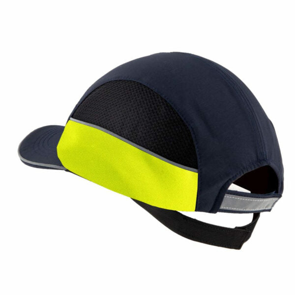 Gorra de seguridad GERF SAFETY bicolor azul marino y amarillo neón con bandas reflectantes y visera de 5 cm