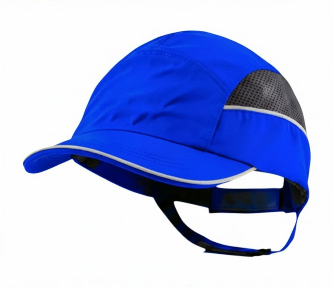 Gorra de seguridad GERF SAFETY bicolor azul con bandas reflectantes, visera de 5 cm y carcasa protectora extraíble.