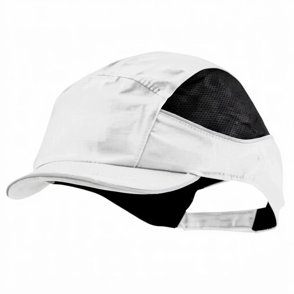 Gorra de seguridad GERF SAFETY Bump Cap Air+ blanca con visera corta, paneles de ventilación y bandas reflectantes.