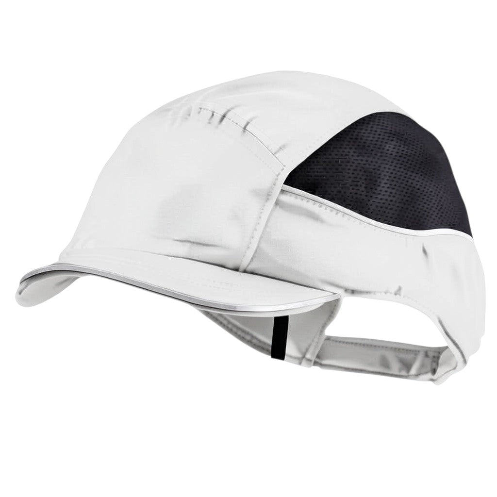 Gorra de seguridad GERF SAFETY Bump Cap Air+ blanca con visera corta de 3 cm, malla transpirable y bandas reflectantes.