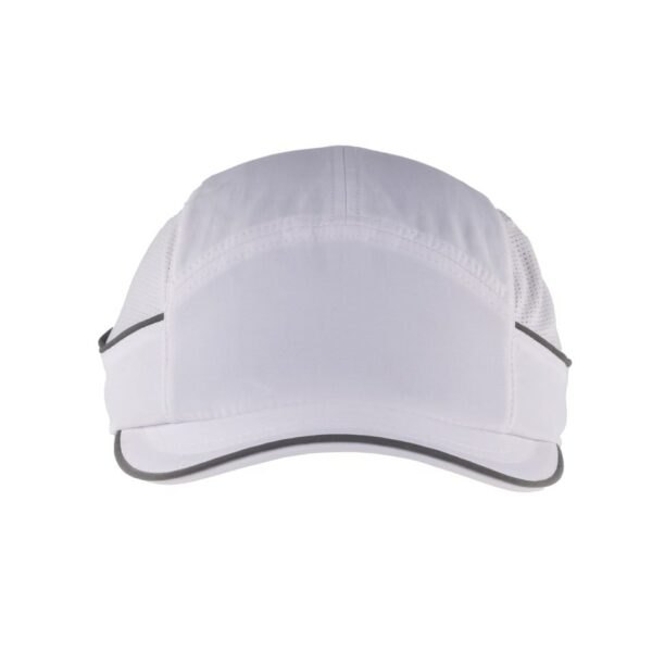 Gorra de seguridad blanca GERF SAFETY Bump Cap Air+ con visera de 3 cm, bandas reflectantes y alta ventilación.