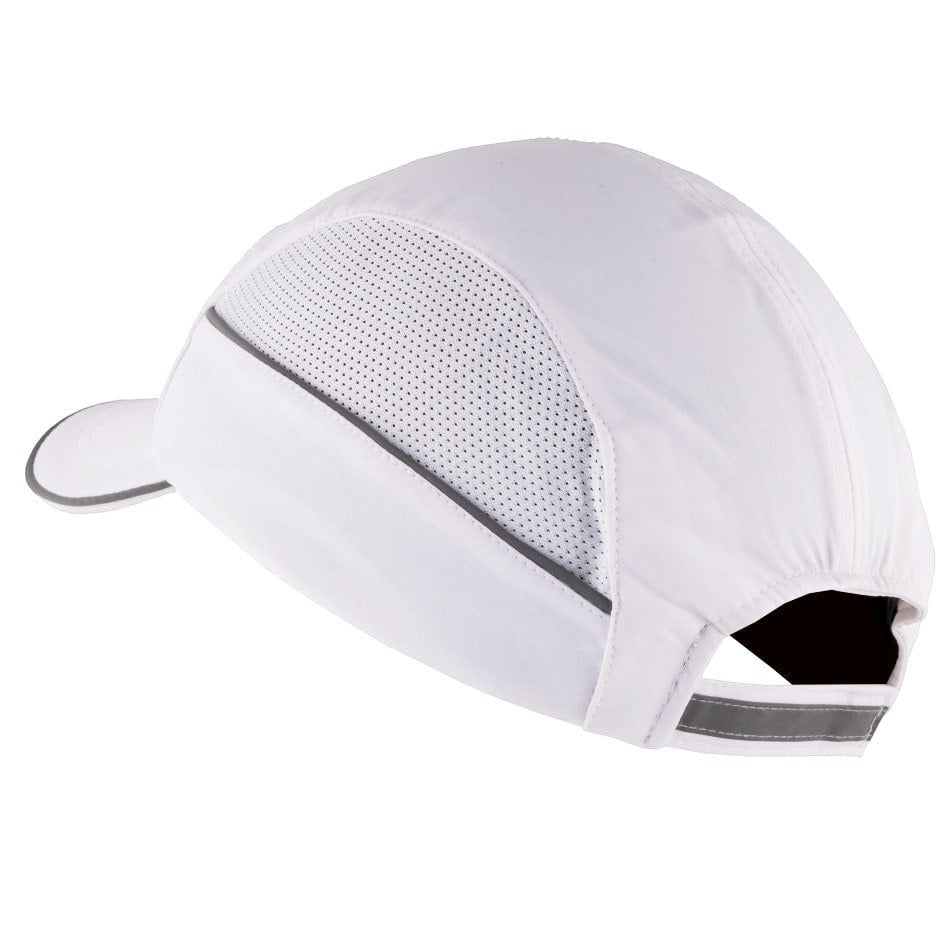 Gorra de seguridad blanca GERF SAFETY con carcasa ABS, ventilación lateral, bandas reflectantes y visera de 5 cm.