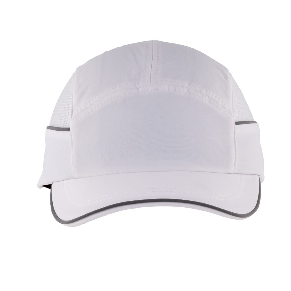 Gorra de seguridad blanca GERF SAFETY con carcasa ABS, visera de 5 cm, bandas reflectantes y ventilación lateral.