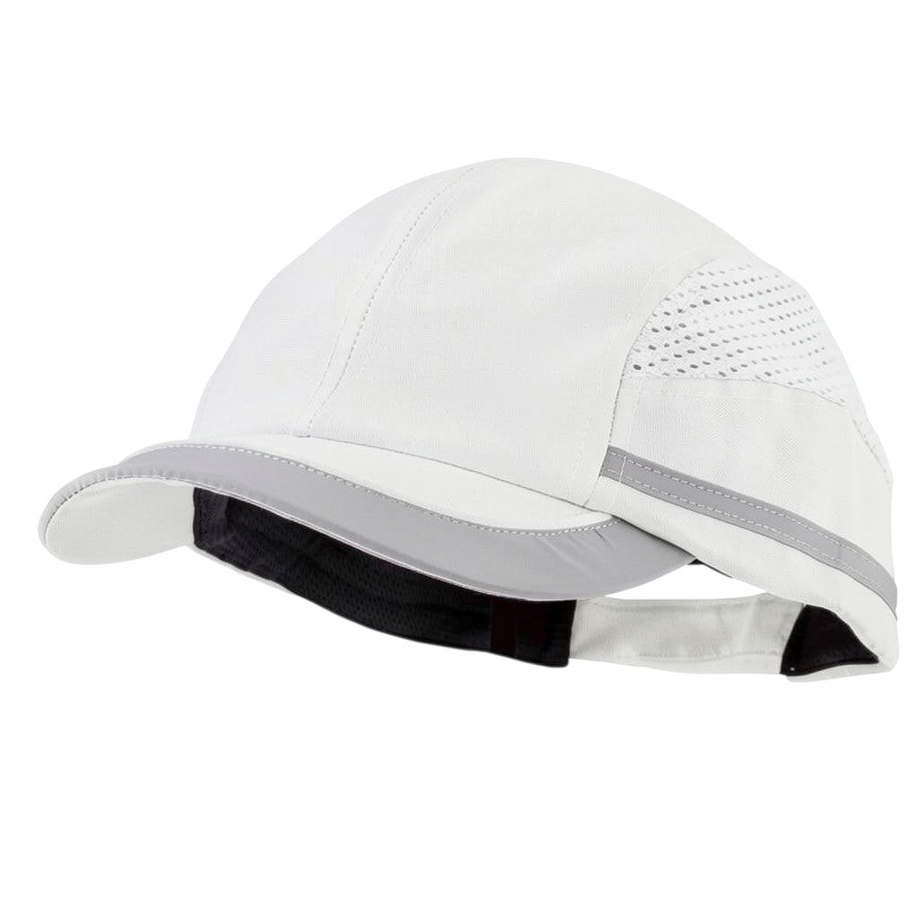 Gorra de seguridad GERF SAFETY blanca con visera, bandas reflectantes y paneles de ventilación para protección industrial