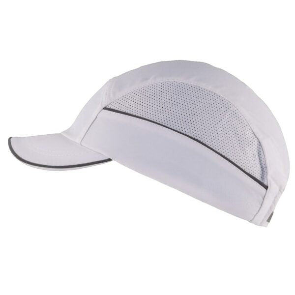 Gorra de seguridad blanca GERF SAFETY con carcasa ABS, visera de 5 cm, ventilación lateral y bandas reflectantes.