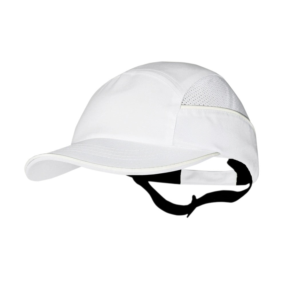 Gorra de seguridad GERF SAFETY blanca con carcasa protectora extraíble, visera de 5 cm y paneles laterales de ventilación.