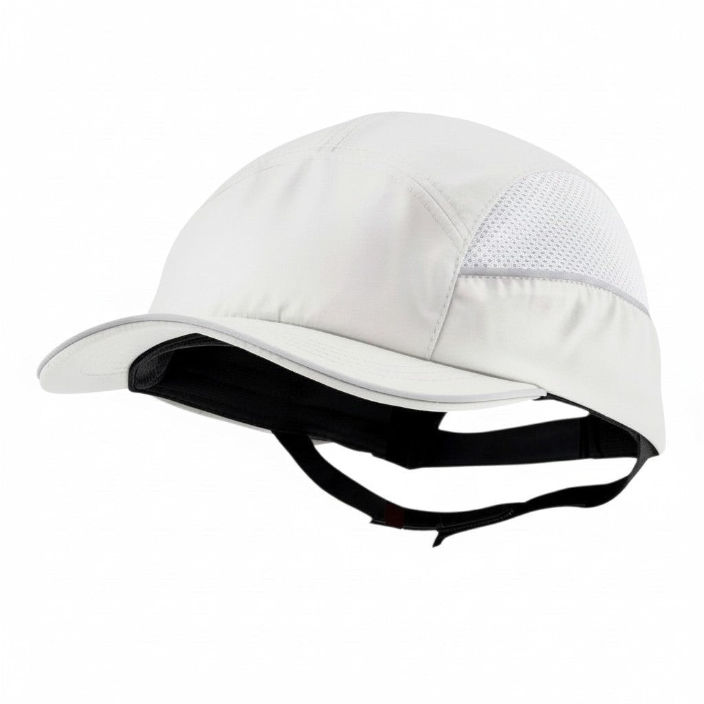 Gorra de seguridad blanca GERF SAFETY con carcasa ABS, bandas reflectantes y visera de 5 cm para protección industrial.