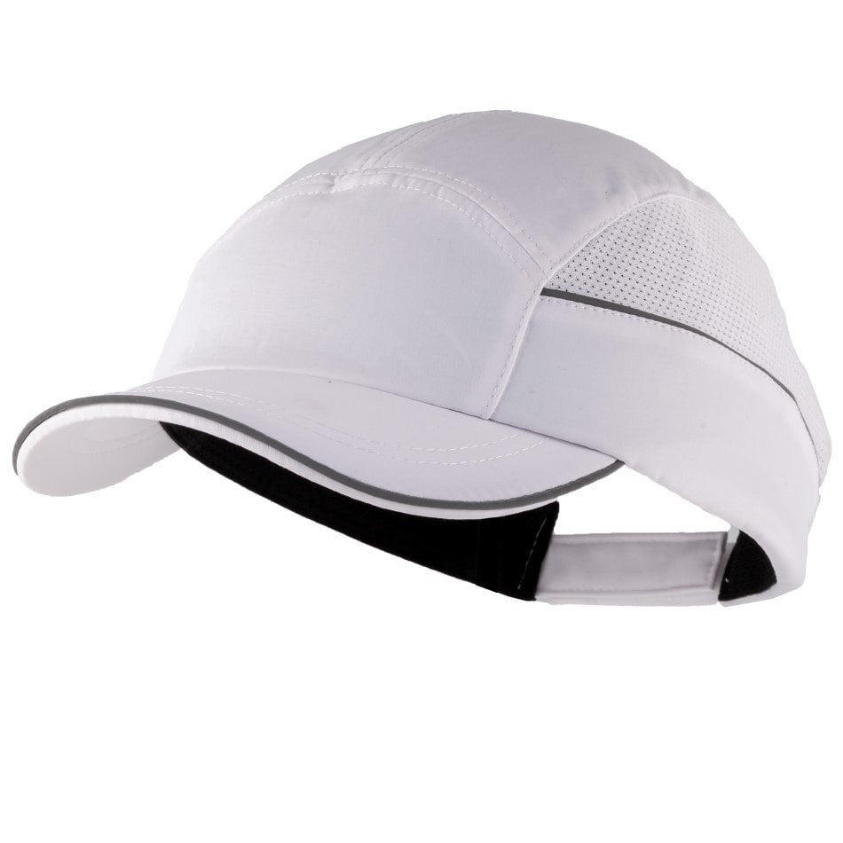 Gorra de seguridad blanca GERF SAFETY con visera de 5 cm, carcasa de ABS, ventilación y bandas retrorreflectantes.