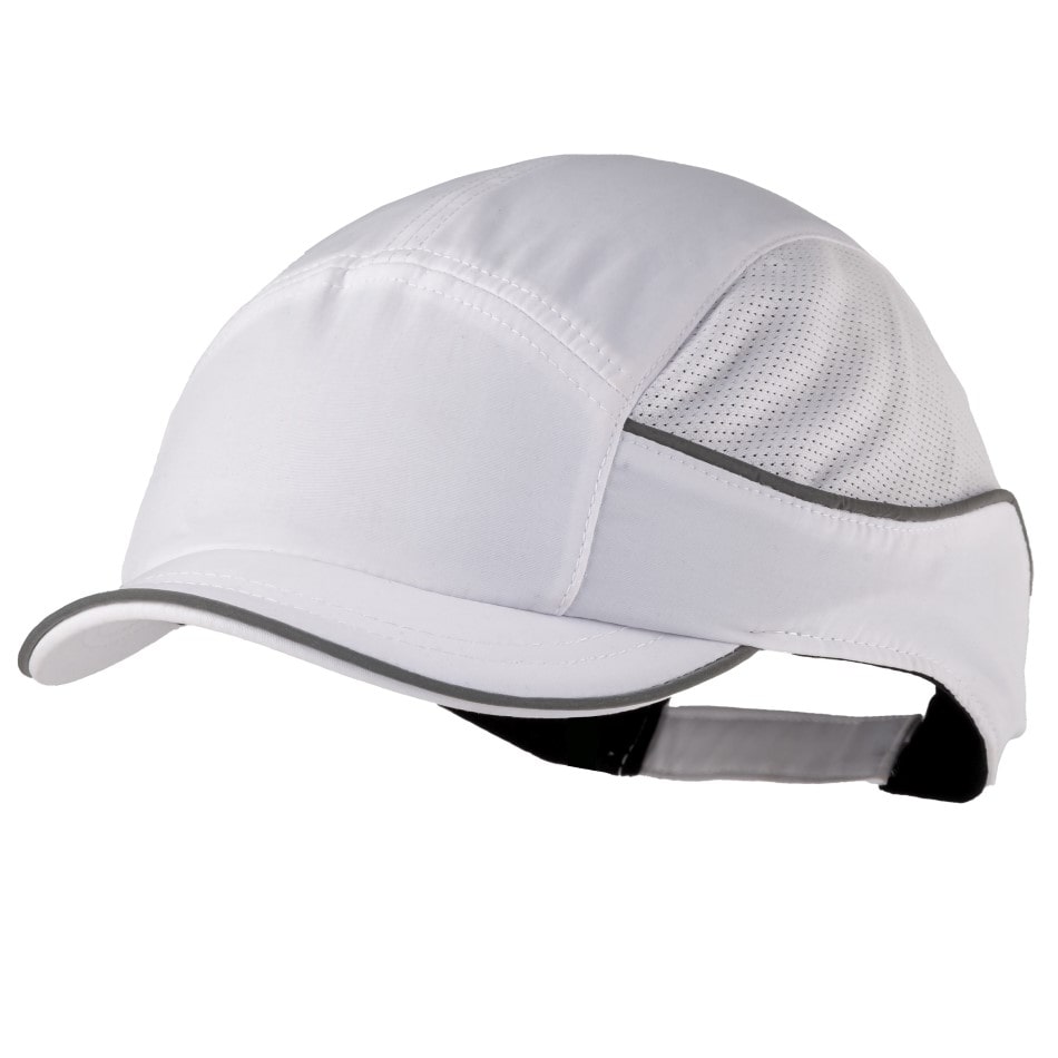 Gorra de seguridad blanca GERF SAFETY Bump Cap Air+ con visera corta, bandas reflectantes y paneles de malla ventilada.