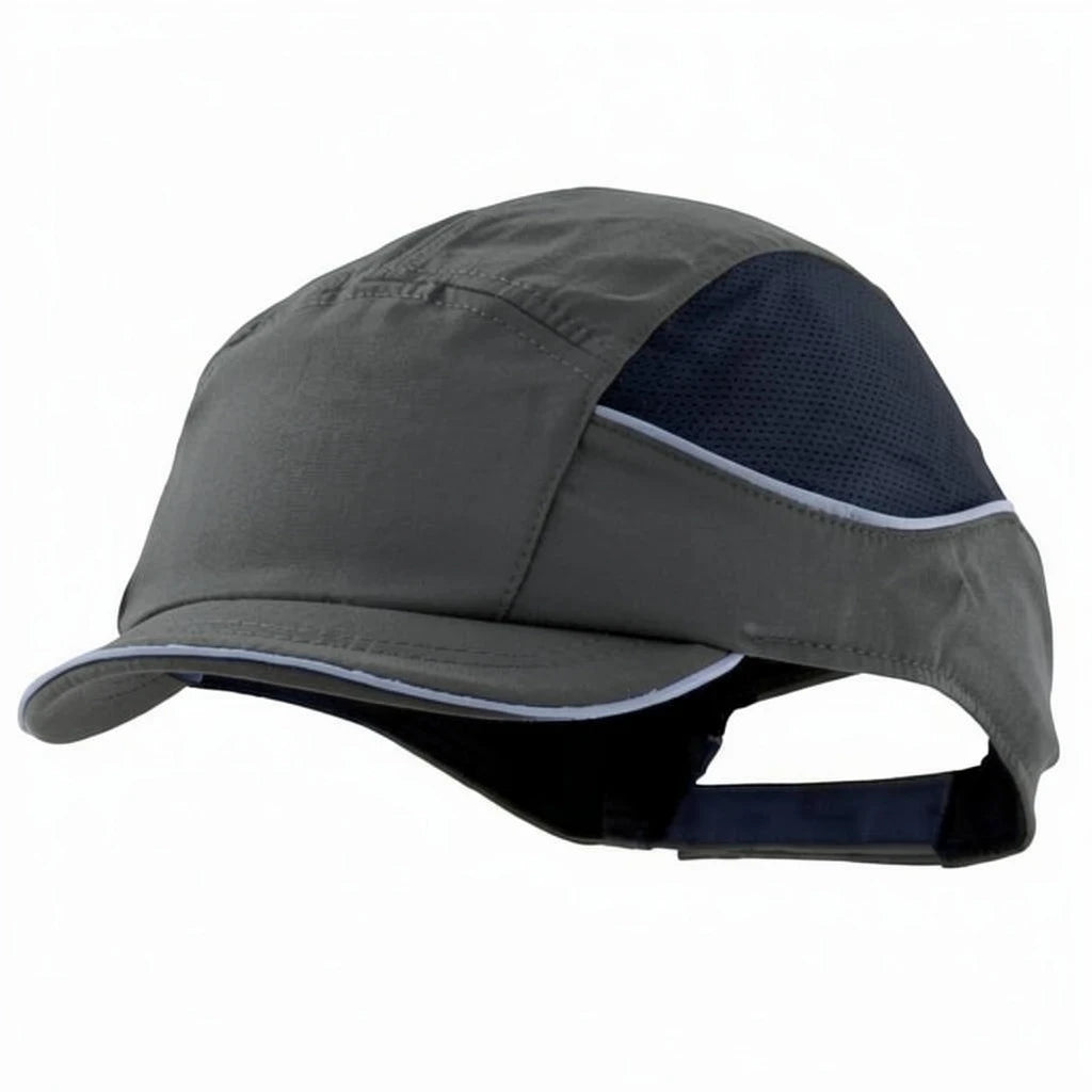 Gorra de seguridad GERF SAFETY Bump Cap Air+ gris con visera corta, bandas reflectantes y paneles laterales de malla.