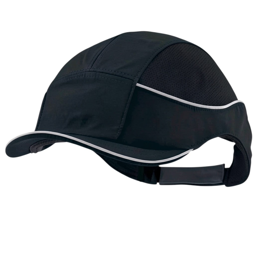 Gorra de seguridad GERF SAFETY Bump Cap Air+ negra, hiperventilada, con visera de 3 cm y bandas reflectantes.