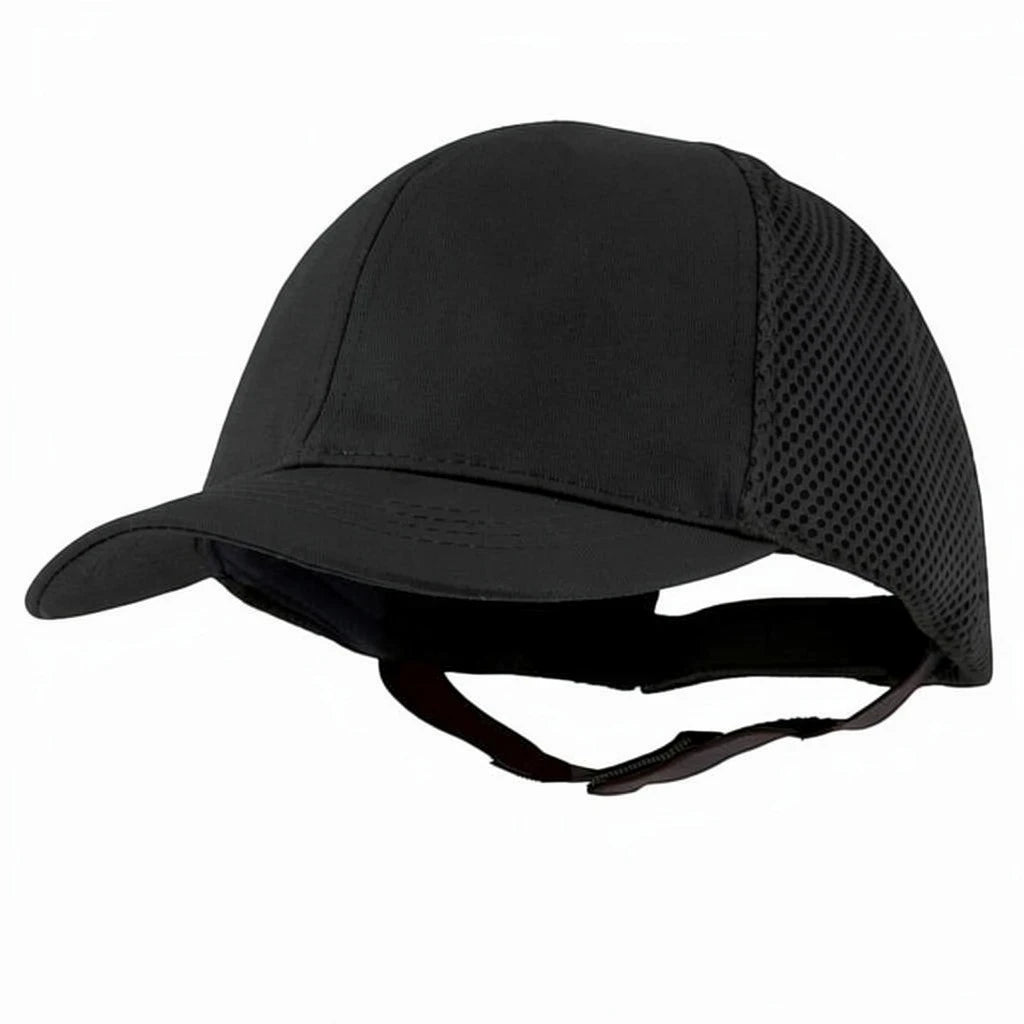 Gorra de seguridad GERF SAFETY Bump Cap Classic en color negro con visera de 5 cm, malla trasera y elástico de soporte.
