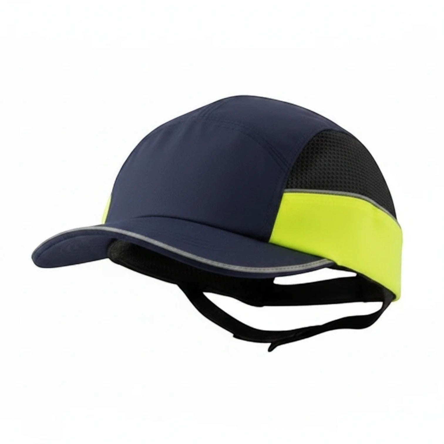 Gorra de seguridad GERF SAFETY tipo bump cap en azul y amarillo con bandas reflectantes y carcasa protectora extraíble