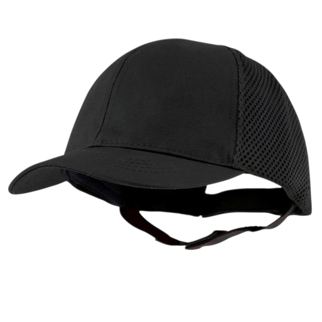 Gorra de seguridad GERF SAFETY Bump Cap Classic en color negro con malla trasera ventilada y elástico de soporte.