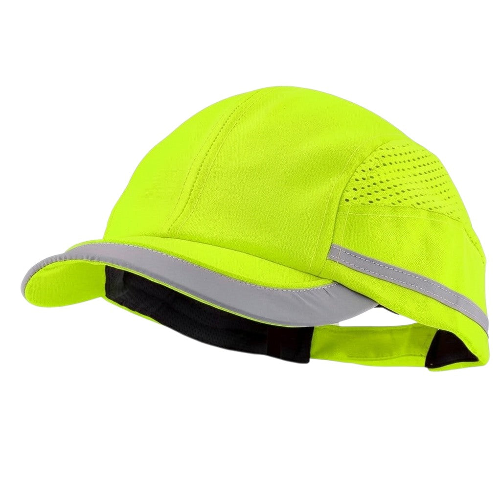 Gorra de seguridad GERF SAFETY con carcasa ABS, color amarillo fluorescente, bandas reflectantes y visera de 5 cm.