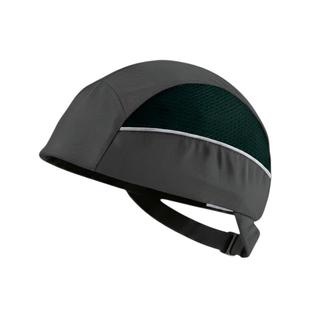 Gorra de seguridad GERF SAFETY gris sin visera con carcasa extraíble, bandas reflectantes y ventilación lateral.