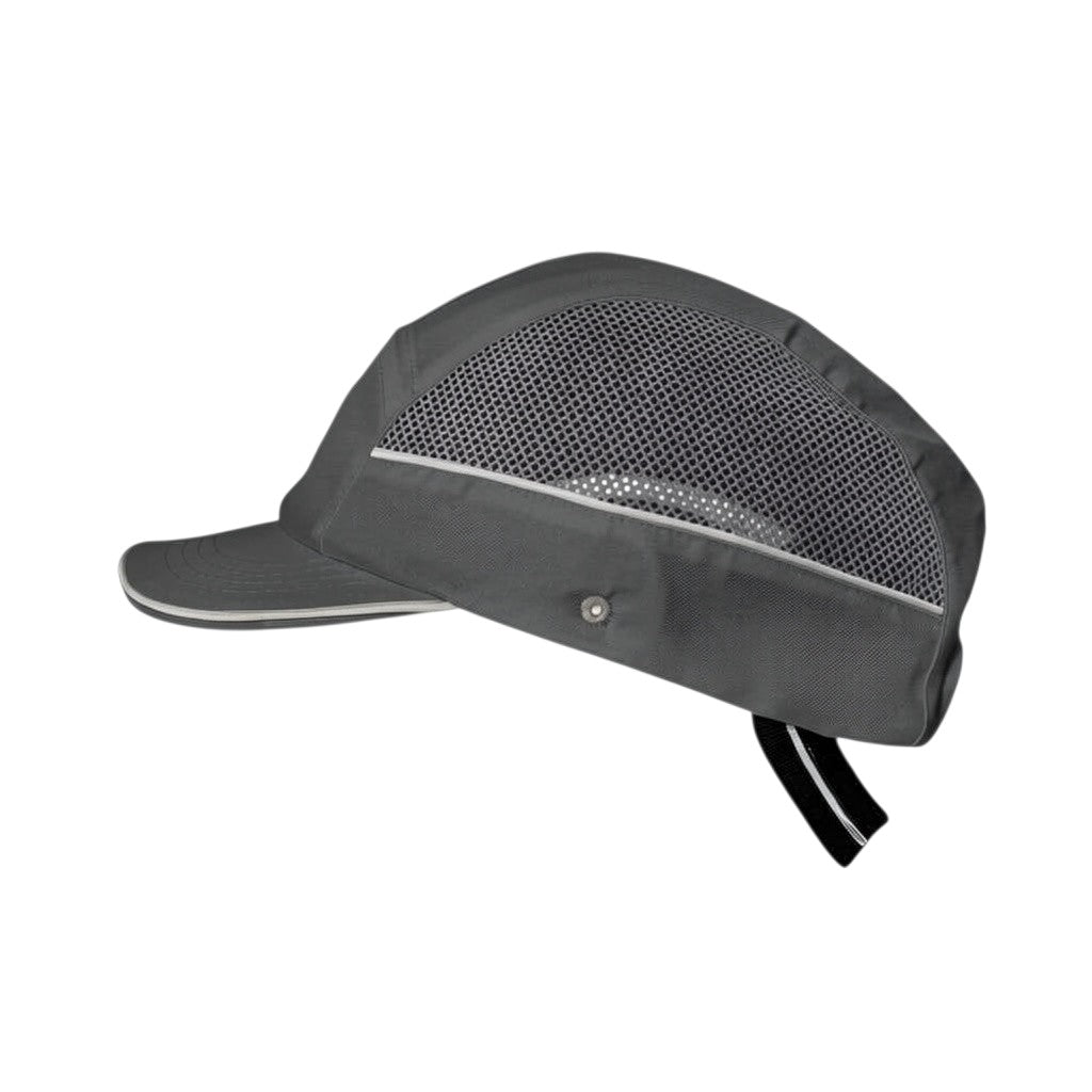 Gorra de seguridad GERF SAFETY gris con visera de 5 cm, bandas reflectantes y paneles de ventilación de malla.