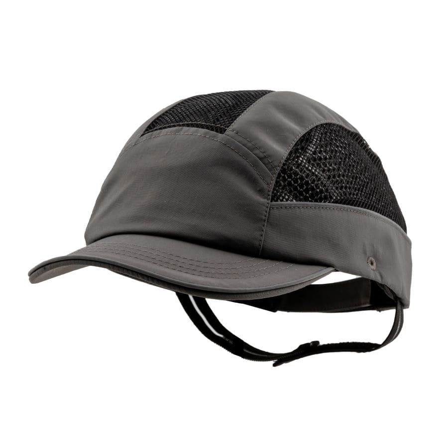 Gorra de seguridad GERF SAFETY Bump Cap gris con visera de 5 cm, paneles de malla hiperventilada y ajuste posterior.