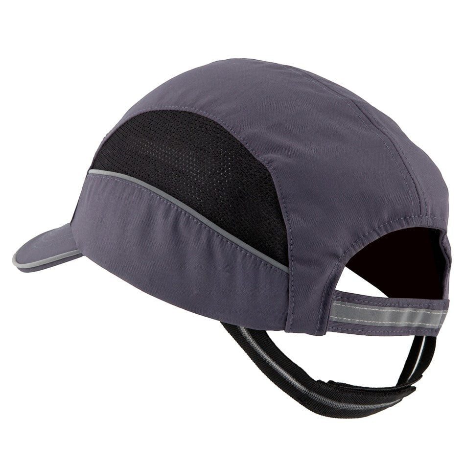 Gorra de seguridad GERF SAFETY gris con bandas reflectantes, carcasa extraíble y paneles de malla transpirable.