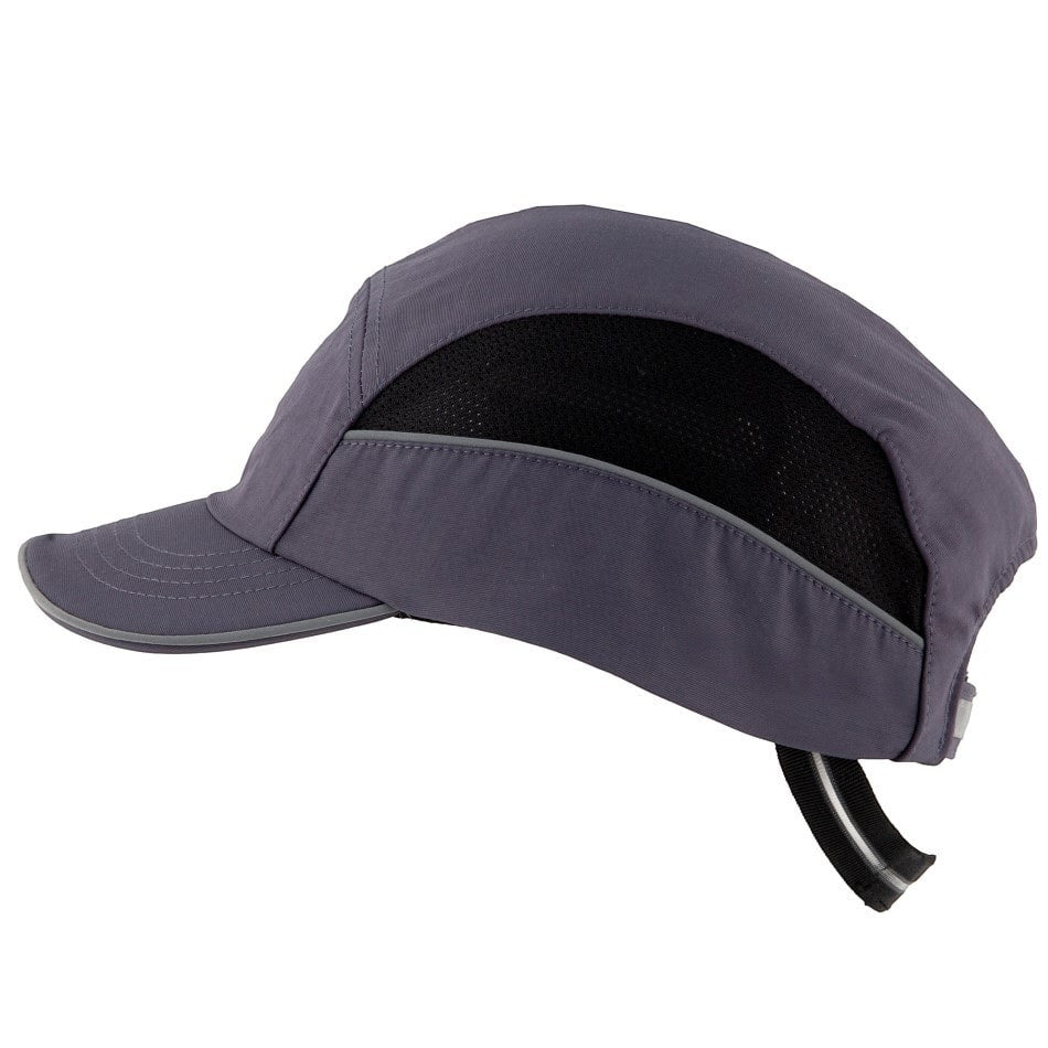Gorra de seguridad GERF SAFETY gris con carcasa ABS extraíble, bandas reflectantes y ventilación lateral.