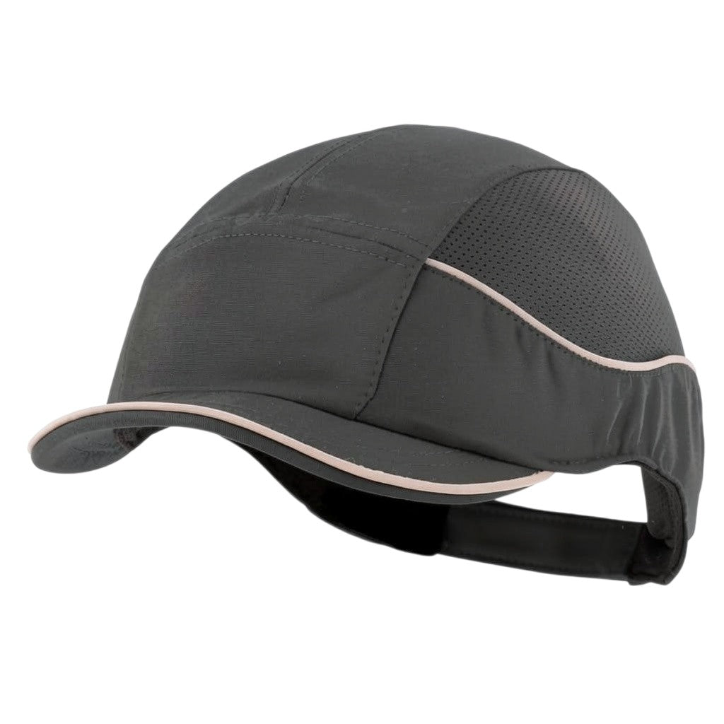 Gorra de seguridad GERF SAFETY Bump Cap Air+ color gris con visera corta de 3 cm, diseño hiperventilado y reflectante.