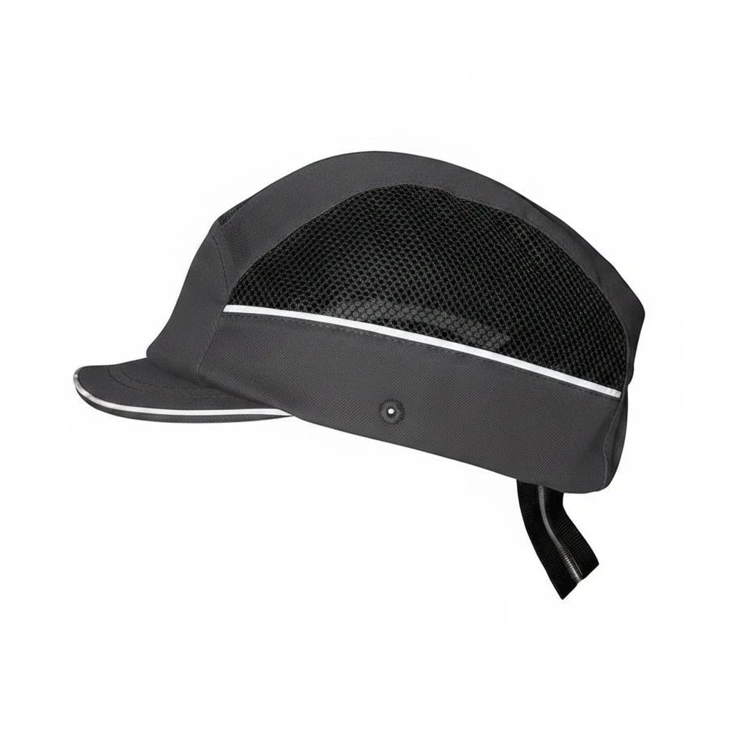 Gorra de seguridad GERF SAFETY gris con carcasa ABS, bandas reflectantes y ventilación lateral para mayor transpirabilidad.