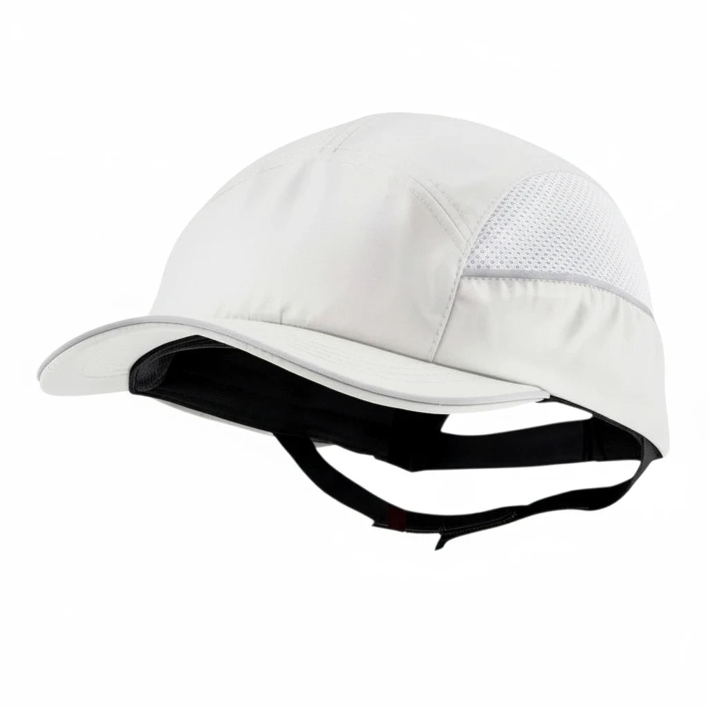 Gorra de seguridad gris GERF SAFETY con carcasa ABS extraíble, bandas reflectantes y ventilación lateral para trabajo.