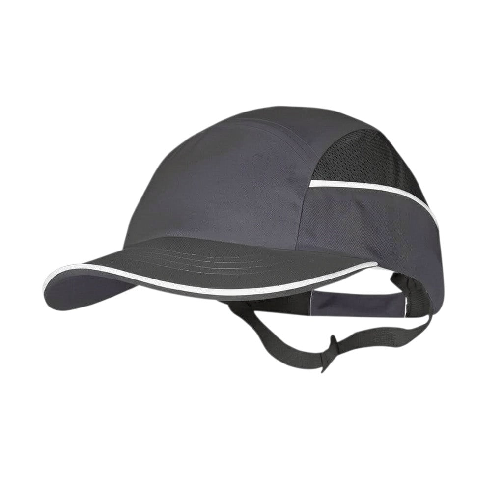 Gorra de seguridad GERF SAFETY con carcasa ABS extraíble, color gris oscuro, visera de 5 cm y bandas reflectantes.