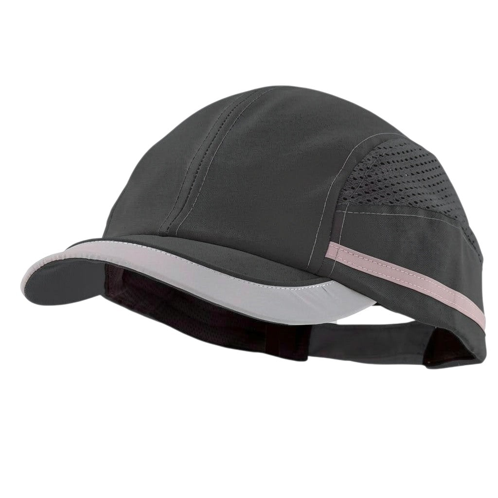 Gorra de seguridad GERF SAFETY con carcasa ABS extraíble, color gris oscuro, visera de 5 cm y bandas reflectantes.