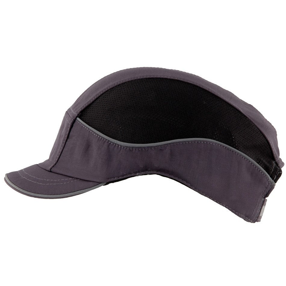 Gorra de seguridad GERF SAFETY Bump Cap Air+ gris con visera corta de 3 cm, bandas reflectantes y malla transpirable.