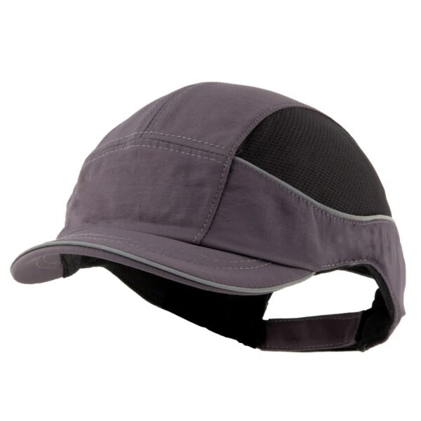 Gorra de seguridad GERF SAFETY Bump Cap Air+ gris con visera corta de 3 cm, ventilación lateral y bandas reflectantes.