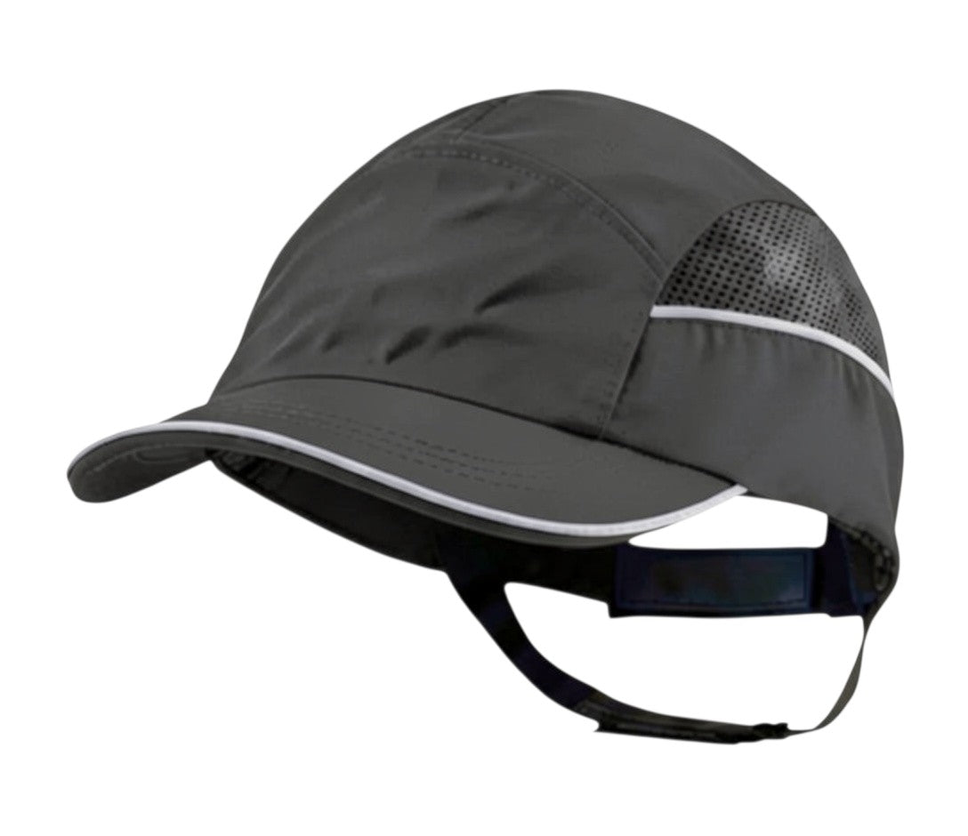 Gorra de seguridad GERF SAFETY tipo bump cap gris con visera de 5 cm, bandas reflectantes y carcasa protectora extraíble