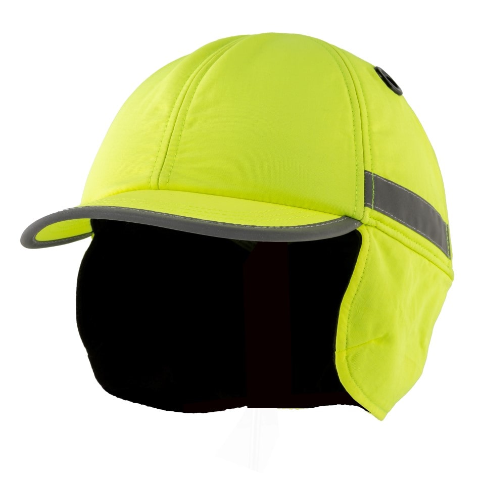 Gorra de seguridad de invierno GERF SAFETY color amarillo alta visibilidad con orejeras y carcasa protectora de ABS