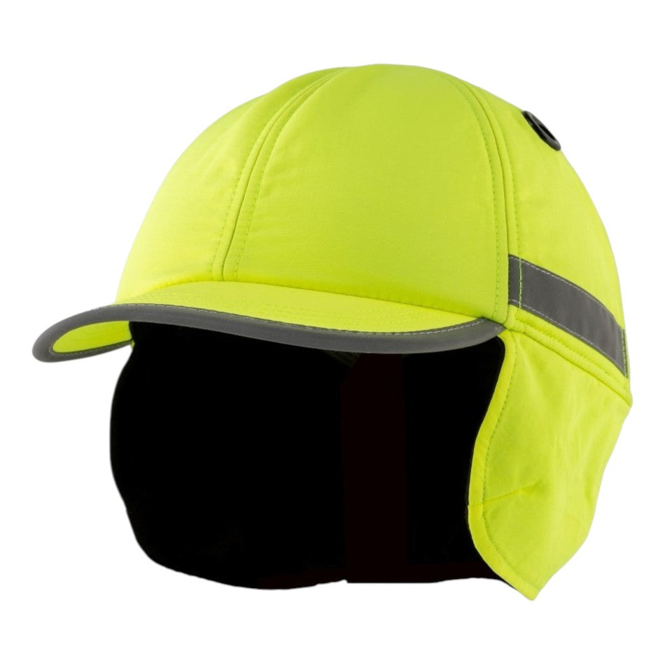 Gorra de seguridad de invierno GERF SAFETY color amarillo neón con orejeras, alta visibilidad y carcasa de ABS.