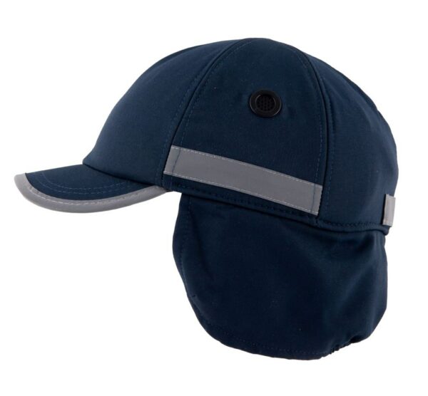 Gorra de seguridad de invierno GERF SAFETY azul marino con orejeras, detalles reflectantes y carcasa ABS reforzada.