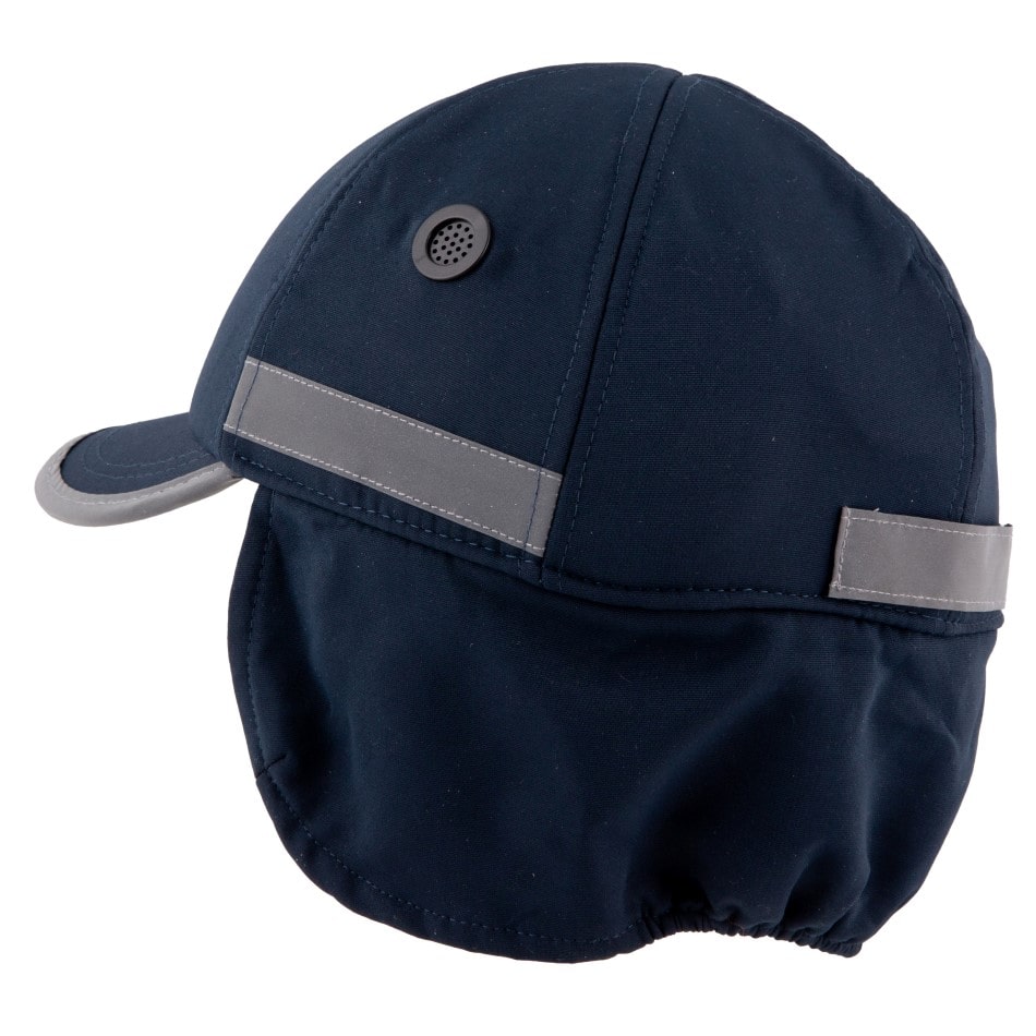 Gorra de seguridad de invierno GERF SAFETY azul marino con orejeras, detalles reflectantes y carcasa protectora ABS.