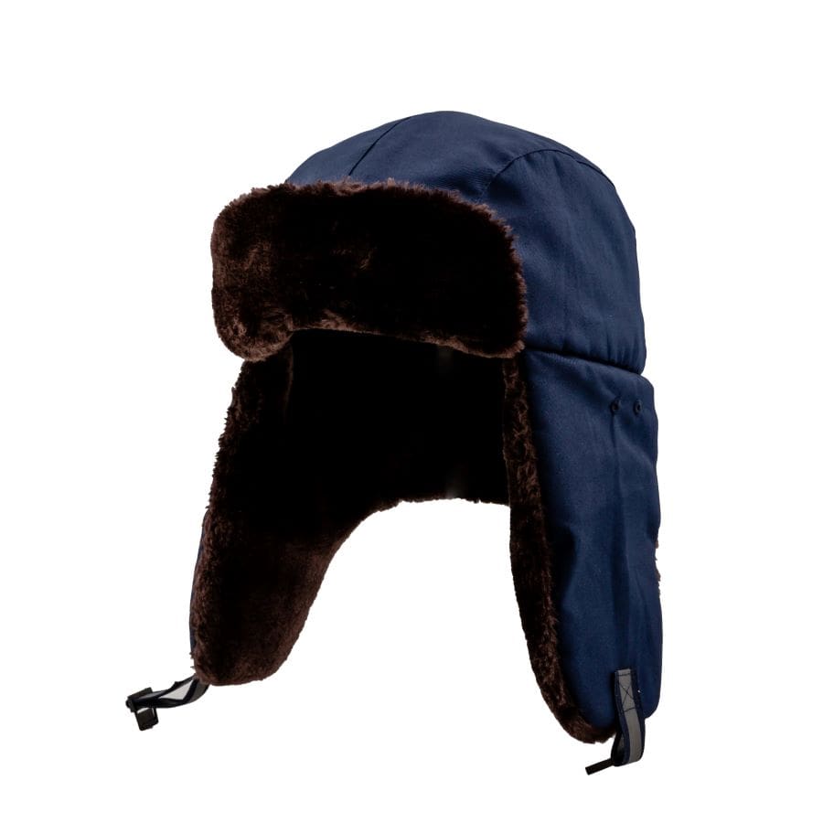 Gorra de seguridad de invierno GERF SAFETY tipo chapka azul marino con forro de piel cálido y protección auditiva.