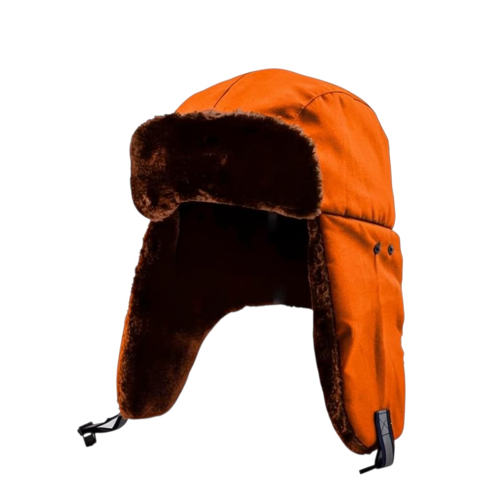 Gorra de seguridad de invierno GERF SAFETY tipo chapka naranja con forro de piel y orejeras para frío extremo.