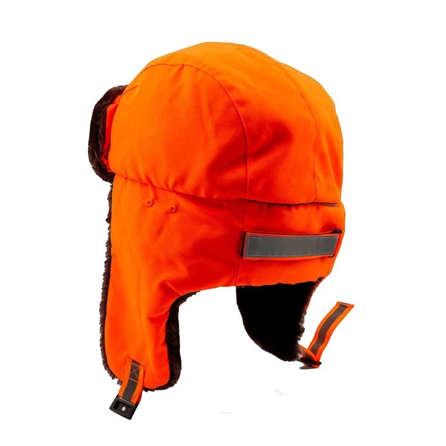 Gorra de seguridad de invierno GERF SAFETY tipo chapka naranja fluorescente con forro cálido y protección auditiva.