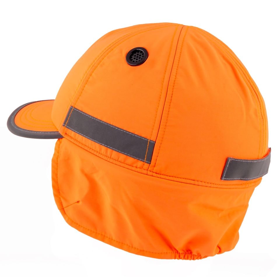 Gorra de seguridad de invierno GERF SAFETY naranja neón con alta visibilidad, orejeras y carcasa protectora de ABS.
